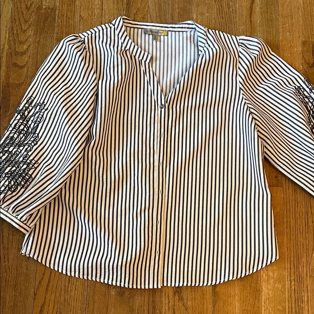Striped Button Front Women's Blouse in White& Blue embroidered eyelet sleeves